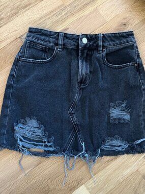 Black Distressed Denim Mini Skirt